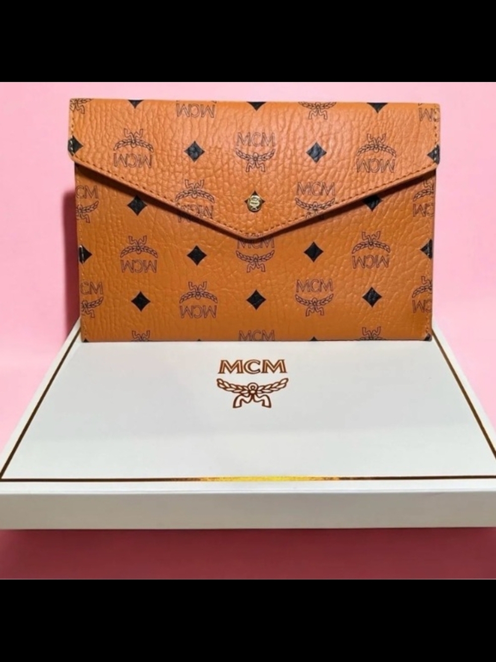 NEW AUTHENTIC MCM Cognac Monogram Envelope Clutch